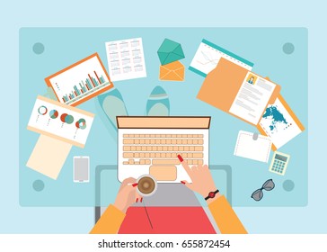 Top view of Busy business woman working hard on her desk in office with a lot of paper work, office desk , Business conceptual on hard working, cartoon flat design vector illustration.