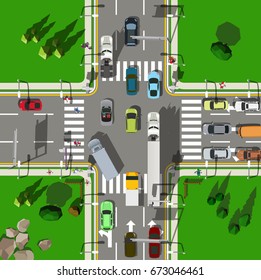 Top view busy city intersection