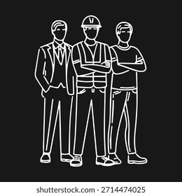 Conjunto de dibujo de tarjeta de vista superior para proyectos arquitectónicos, hombres ejecutivos de pie y sentados, Vector de línea editable, dibujo de línea vista atrás hombre arquitecto y capataz.
