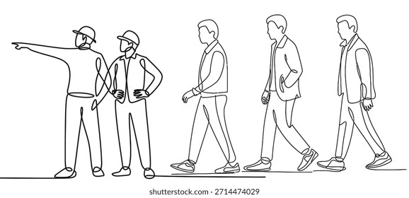 Conjunto de dibujo de tarjeta de vista superior para proyectos arquitectónicos, hombres ejecutivos de pie y sentados, Vector de línea editable, dibujo de línea vista atrás hombre arquitecto y capataz.