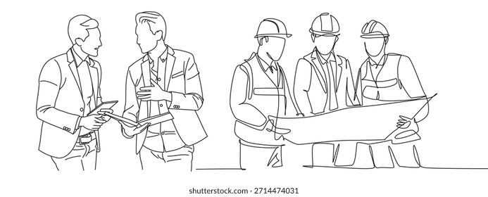 Conjunto de dibujo de tarjeta de vista superior para proyectos arquitectónicos, hombres ejecutivos de pie y sentados, Vector de línea editable, dibujo de línea vista atrás hombre arquitecto y capataz.