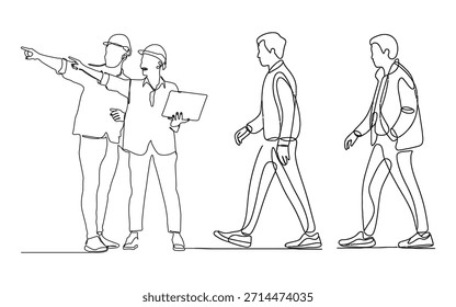 Conjunto de dibujo de tarjeta de vista superior para proyectos arquitectónicos, hombres ejecutivos de pie y sentados, Vector de línea editable, dibujo de línea vista atrás hombre arquitecto y capataz.