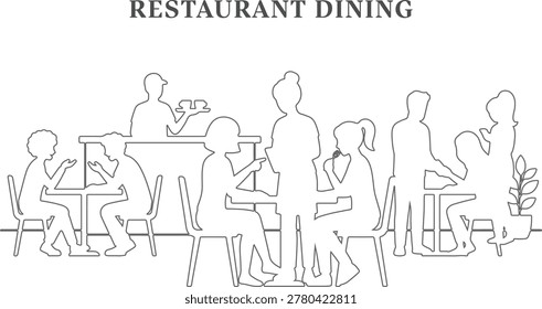 Top View CAD Restaurant Dining People Outline Illustration Set with Eating Ordering Food Serving and Paying Bill Activities in Overhead Perspective Minimal Line Art Style