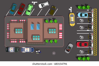 Top view cafe in the city with parking for electric car