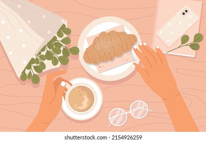 Top view of cafe table with eucalyptus bouquet, phone and female hands holding croissant and cup of coffee. Coffee shop with trendy style interior aesthetic. Stylish lifestyle. Isolated vector