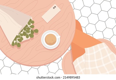 Top view of cafe table with female legs, eucalyptus bouquet, phone and coffee. Coffee shop with trendy style interior aesthetic. Stylish lifestyle. Isolated vector illustration in cartoon style.