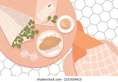 Top view of cafe table with female legs, eucalyptus bouquet, croissant, glasses, phone and coffee. Coffee shop with trendy style interior aesthetic. Stylish lifestyle. Isolated vector illustration