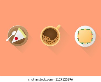 Top view of cake, hot coffee and sandwich isolate.