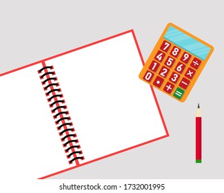 Top view: Calculator, pencil, paper page on the work place. Education or finance concept