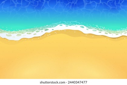 top view of calm ocean beach with blue waves. Coast of sea, ocean with sand. Sea surf, top view, background for a summer greeting card or promotional offers. Vector illustration in flat style