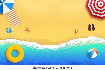 top view of calm ocean beach with blue waves. Coast of sea, ocean with sand. Sea surf, top view, background for a summer tropical banner or promotional offers. Vector illustration in flat style