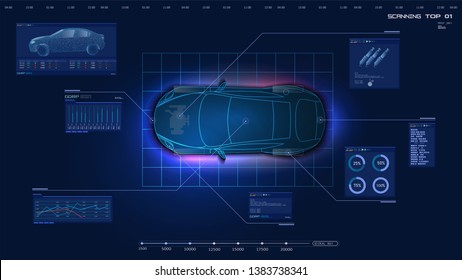 Top view of the car. Futuristic car service, scanning and auto data analysis. Car auto service, Modern design, diagnostic auto. Virtual graphical interface HUD GUI. Vector