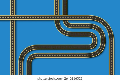 Top view of car roads interchanges with dashed road lines and checkered finish, set on a bright blue background. Perfect for driving games, racing design, or kids visuals