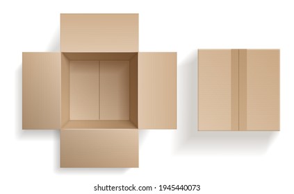 Top View Cardboard Box. Closed And Open Beige Boxes Inside And Top View, Brown Pack Mockup, Delivery Service And Warehouse Object Realistic Empty Carton Container. Vector 3d Isolated Set