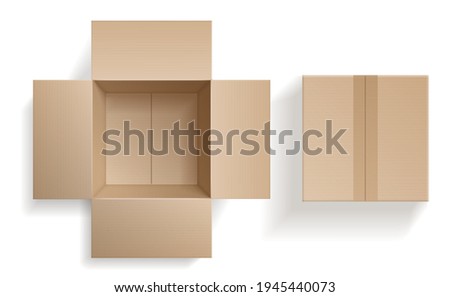 Top view cardboard box. Closed and open beige boxes inside and top view, brown pack mockup, delivery service and warehouse object realistic empty carton container. Vector 3d isolated set