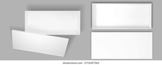 Caja de cartón vista superior con tapa abierta y sombra realista. Paquete de regalo de maqueta blanca. Contenedor 3D vacío en el interior y la perspectiva de la cubierta de papel. Vector maqueta arriba de la vista sobre fondo transparente.
