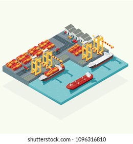 Top-View Frachtlogistik und Transport Containerschiff mit funktionierendem Kranimport Export Transport Industrie in der Schifffahrt. isometrische Vektorgrafik
