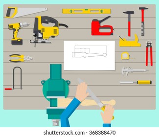 Top view of a carpenter at work in the workplace. Woodworking and carpentry, construction tools. Vector illustration