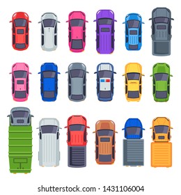 Top view cars. Auto transport, truck and car roof. City traffic automobile, jeep cars, truck or street taxi vehicle. Vector flat isolated icons illustration set