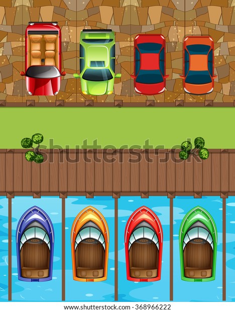 Top view of\
cars and boats parking\
illustration