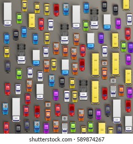 Top view of cars of different colours and shapes on grey background. Vector illustration