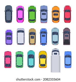 Top view cars. Flat creative car, isolated truck and autos. City transportation elements, lorry and vehicle. Diverse transport exact vector set