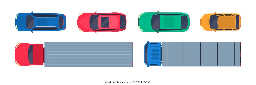 Top view cars flat icon set. Trucks, lorry and automobiles isolated vector illustration collection. Transportation and vehicles concept