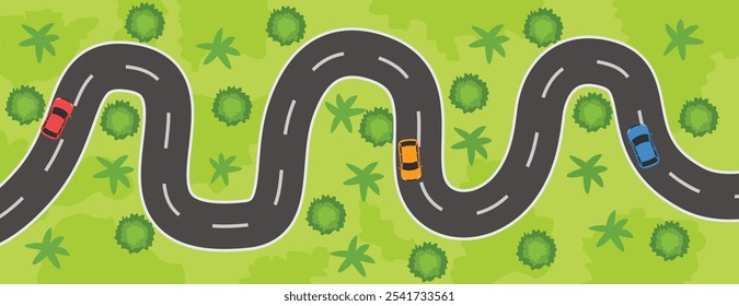 Top view cars moving driving along country road