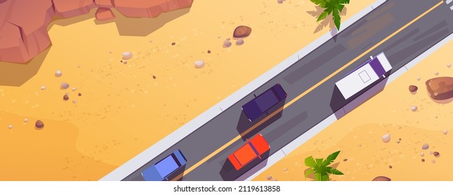 Top View To Cars On Road In Desert Or Sea Beach. Vector Cartoon Illustration Of Aerial View Of Tropical Landscape With Sand, Mountains, Palm Trees And Asphalt Highway With Vehicles