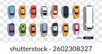 Top view cars set isolated. View from above. Cute cartoon transport with shadows. Modern urban civilian vehicle. View from the bird