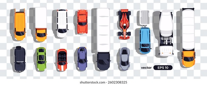 Top view cars set isolated. View from above. Cute cartoon transport. Modern urban vehicle. View from the bird's eye. Realistic car design. Flat style vector illustration. Truck. concrete mixer.