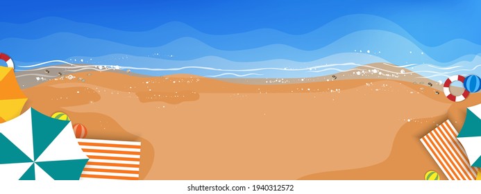 Top view of cartoon abstract waves on blue ocean,sand beach, seashells with umbrellas, swim ring, beach ball, chair,Vector illustration panoramic Sea beach view for Summer banner background