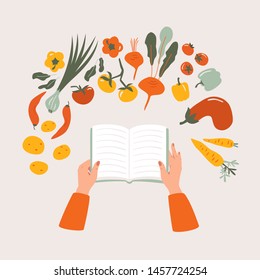 Top view of cartoon cookbook in hand on the table surrounded by various vegetables. Recipe vegetarian book  vector concept isolated from light background