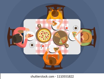 Top View. Cartoon People Are Sitting At Table And Eating Pizza. Time For Lunch. Family Dines With Italian Food. Vector Illustration.