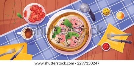Top view of cartoon pizza on wooden table. Vector illustration of traditional Italian food, coffee cup, tomatoes on plate, forks and knives, sauces served on blue checked tablecloth. Homemade dinner