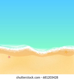 Top View Of A Cartoon Sea Beach. Starfish On The Sand. Sea Tide, Sea Waves. Place For Your Project. Vector Illustration