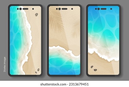 Top view of a cartoon sea, summer beach, coast with sand, stones, and blue wave on the phone screen, stories. Vector illustration for card, party, design, flyer, banner, web, advertising, promotion.