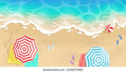 Vista superior de un mar de dibujos animados, playa de verano, costa con sombrillas, toallas y chanclas, sandalias, zapatos, ola azul. Ilustración vectorial para tarjeta, fiesta, diseño, volante, banner, web, publicidad, promoción.