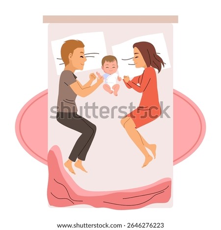 Top view cartoon vector illustration of a family bed scene, showing parents co-sleeping with their baby. Drawing concept for bonding, warmth and family intimacy, perfect for family-oriented projects