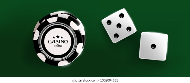 Top view of Casino black and white chips and dice cubes on green background. Online casino chip game on green table gambling 3d vector concept