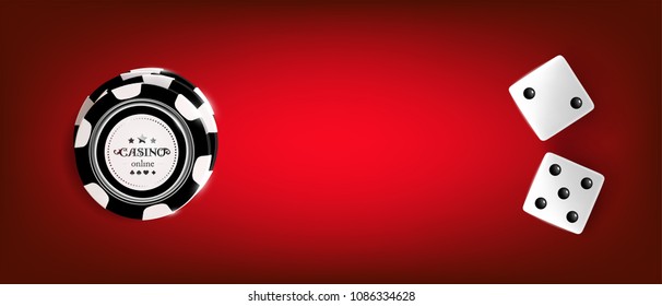 Top view of Casino chips, dice on red background. Online casino wide banner with black and white chip game on red table gambling 3d vector concept.