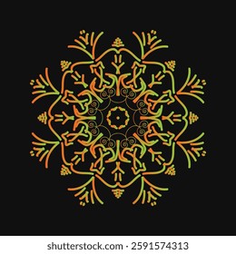 Top view of a ceramic plate showcasing a detailed floral mandala design in vibrant orange and teal colors, isolated on white background.