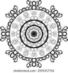Top view of a ceramic plate showcasing a detailed floral mandala design in vibrant orange and teal colors, isolated on white background.