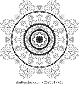 Top view of a ceramic plate showcasing a detailed floral mandala design in vibrant orange and teal colors, isolated on white background.
