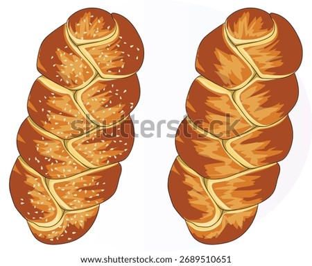 Top View Challah Bread Duo: Braided Sweet Loaves with and without Sesame Seeds Illustration