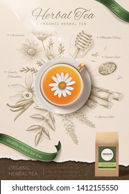 Top View Of Chamomile Tea In 3d Illustration With Engraved Herbs Background