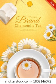 Top view of chamomile tea cup in 3d illustration with herbs and tea bag on yellow background