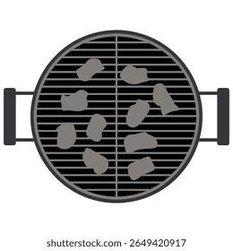 Vista superior da grelha de carvão com pedaços de carne cozinhando silhueta