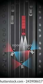 top view of chase scene police car and bus with road spike on multiple lane highway, view from above