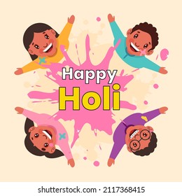 Top View Of Cheerful Kids Playing Holi With Each Other On Peach Background.
